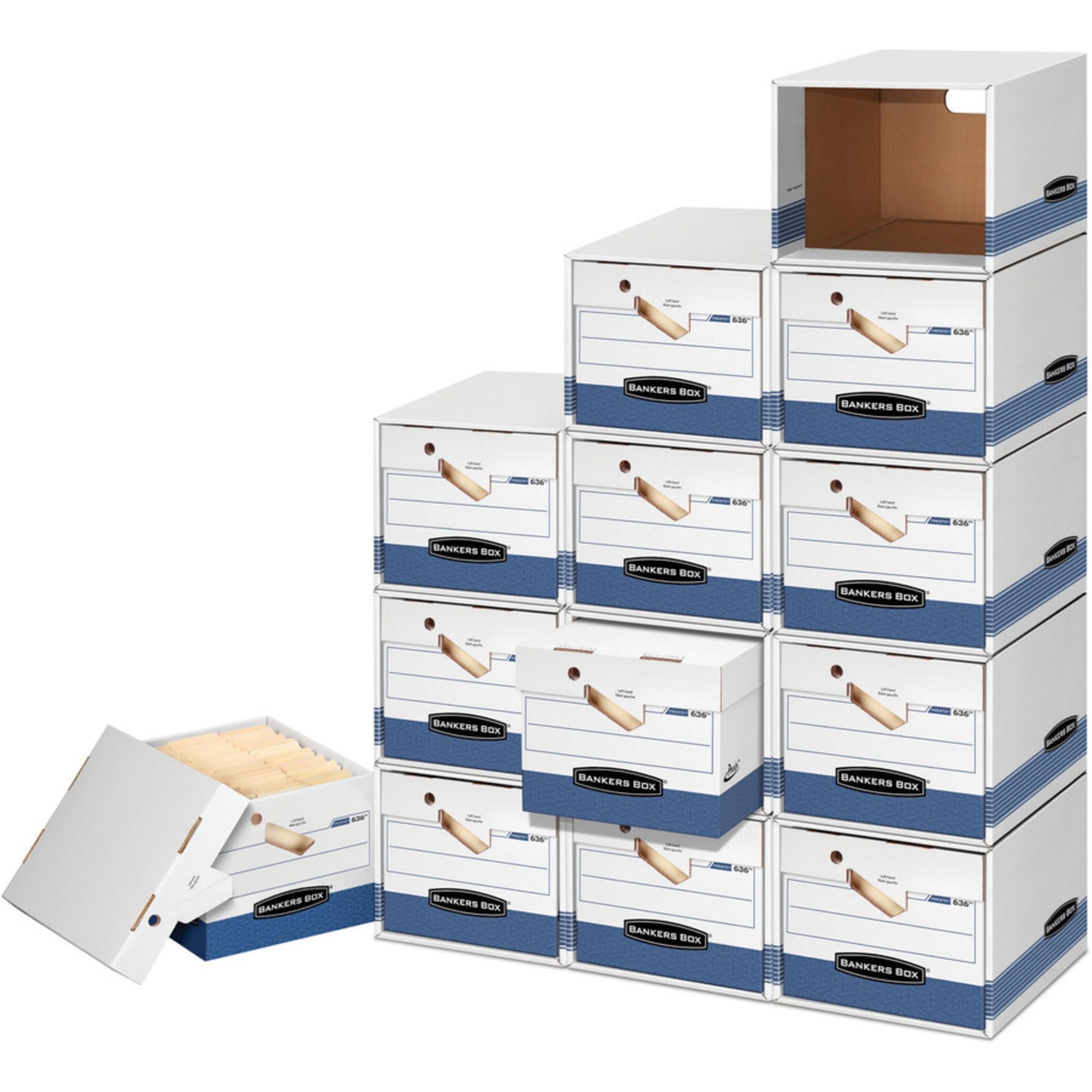 Bankers Box 12-Pack Presto Heavy Duty File Storage Boxes with Lids, Presto Assembly, Letter/Legal, (0063601)