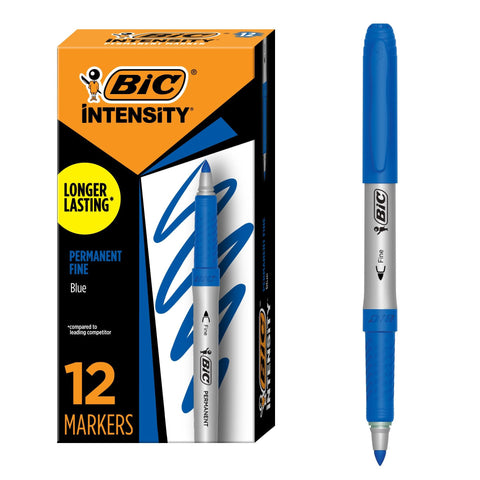 BIC Intensity Blue Permanent Markers, Fine Point, 12-Count Pack of Blue Markers With Non-Slip Grip for Comfort and Control
