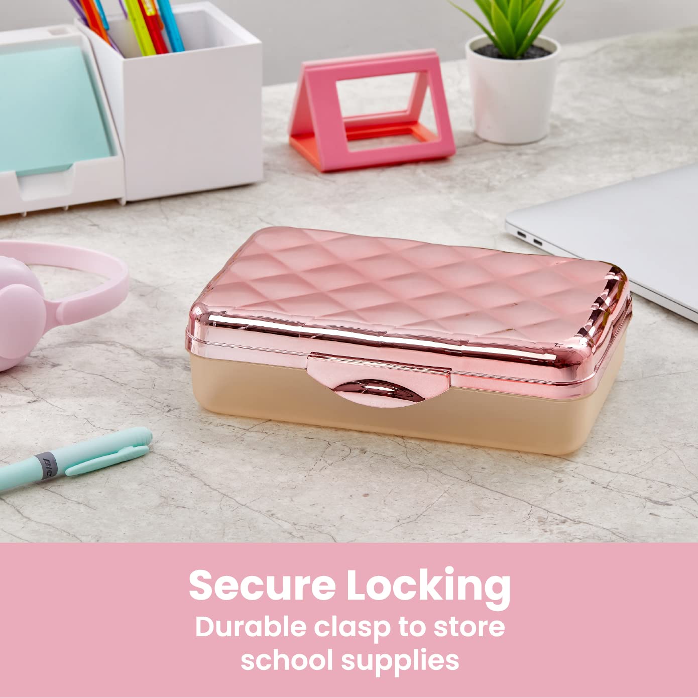 It's Academic Metallic Pencil Case Box, Hard Plastic, Stylish Quilted-Pattern Lid, Rose Gold