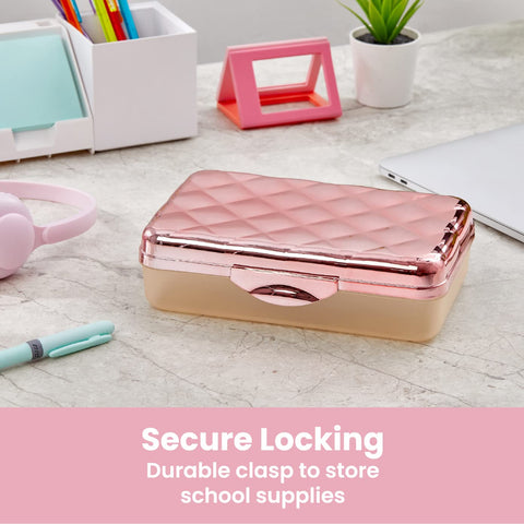 It's Academic Metallic Pencil Case Box, Hard Plastic, Stylish Quilted-Pattern Lid, Rose Gold