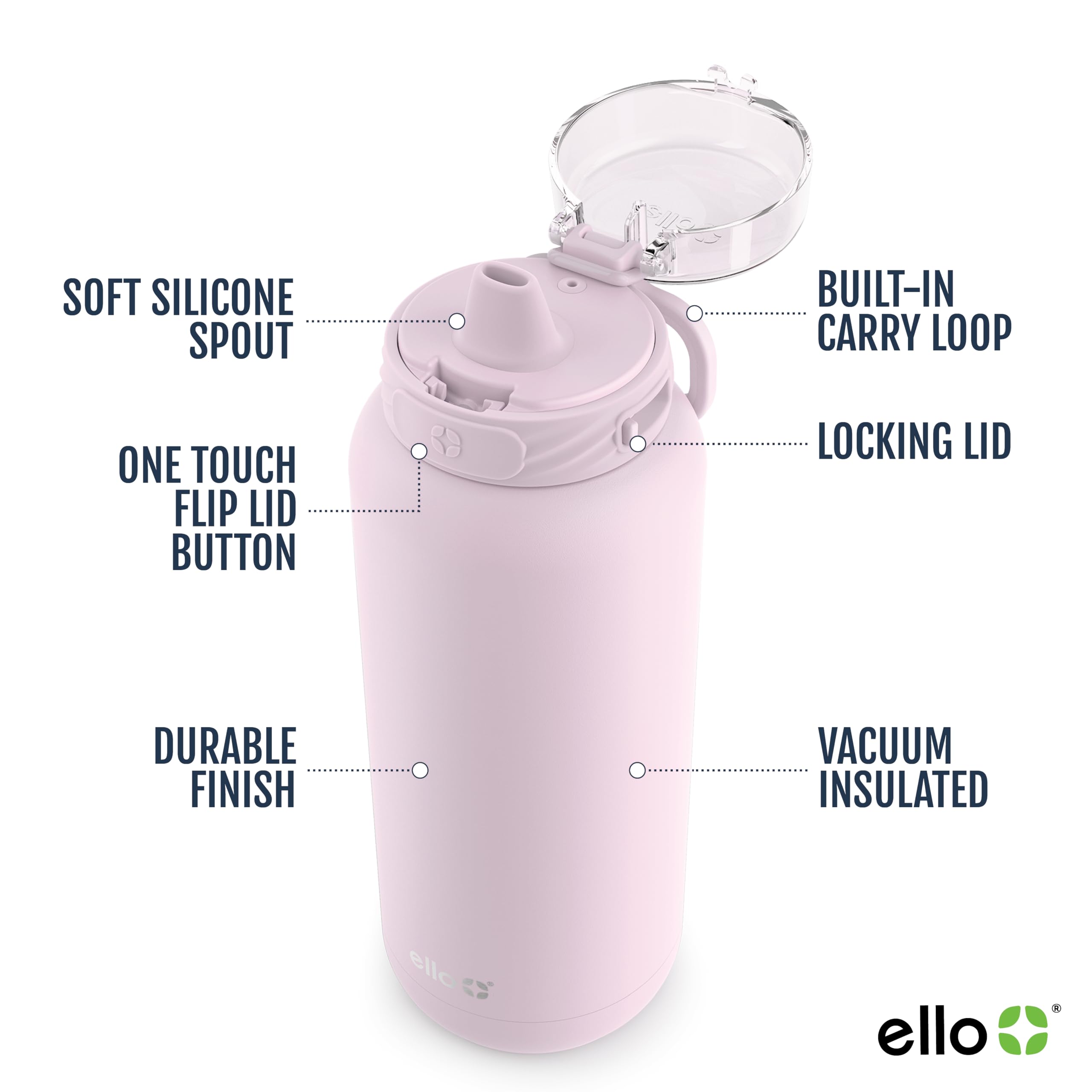 Ello Cooper 22oz Stainless Steel Water Bottle with Straw and Carry Handle, Double Walled and Vacuum Insulated Metal, Leak Proof Locking Lid with Soft Silicone Spout, Reusable, BPA Free, Cashmere Pink