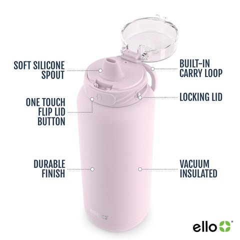 Ello Cooper 22oz Stainless Steel Water Bottle with Straw and Carry Handle, Double Walled and Vacuum Insulated Metal, Leak Proof Locking Lid with Soft Silicone Spout, Reusable, BPA Free, Cashmere Pink