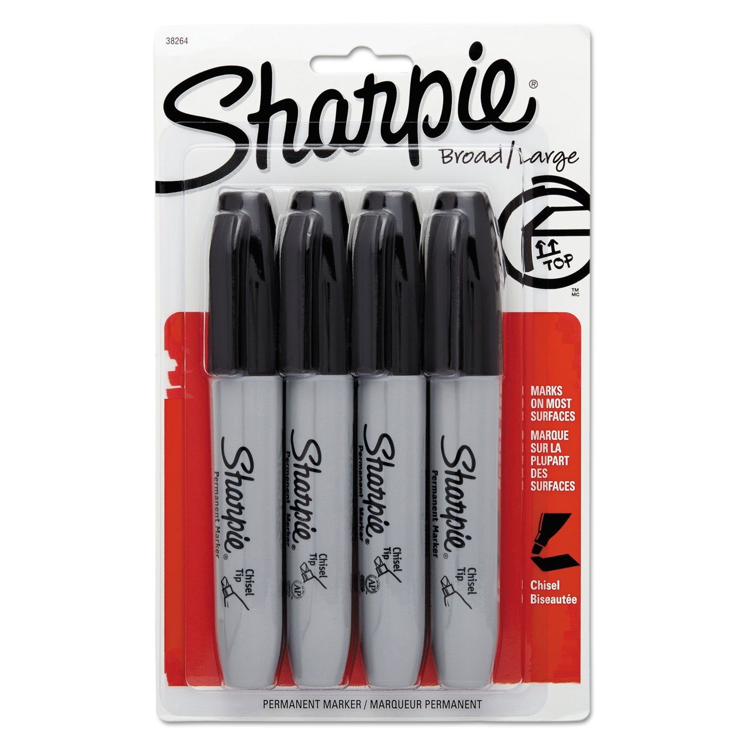Sharpie 38264PP Permanent Markers, 5.3mm Chisel Tip, Black, 4/Pack
