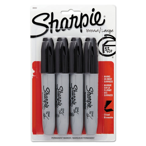 Sharpie 38264PP Permanent Markers, 5.3mm Chisel Tip, Black, 4/Pack