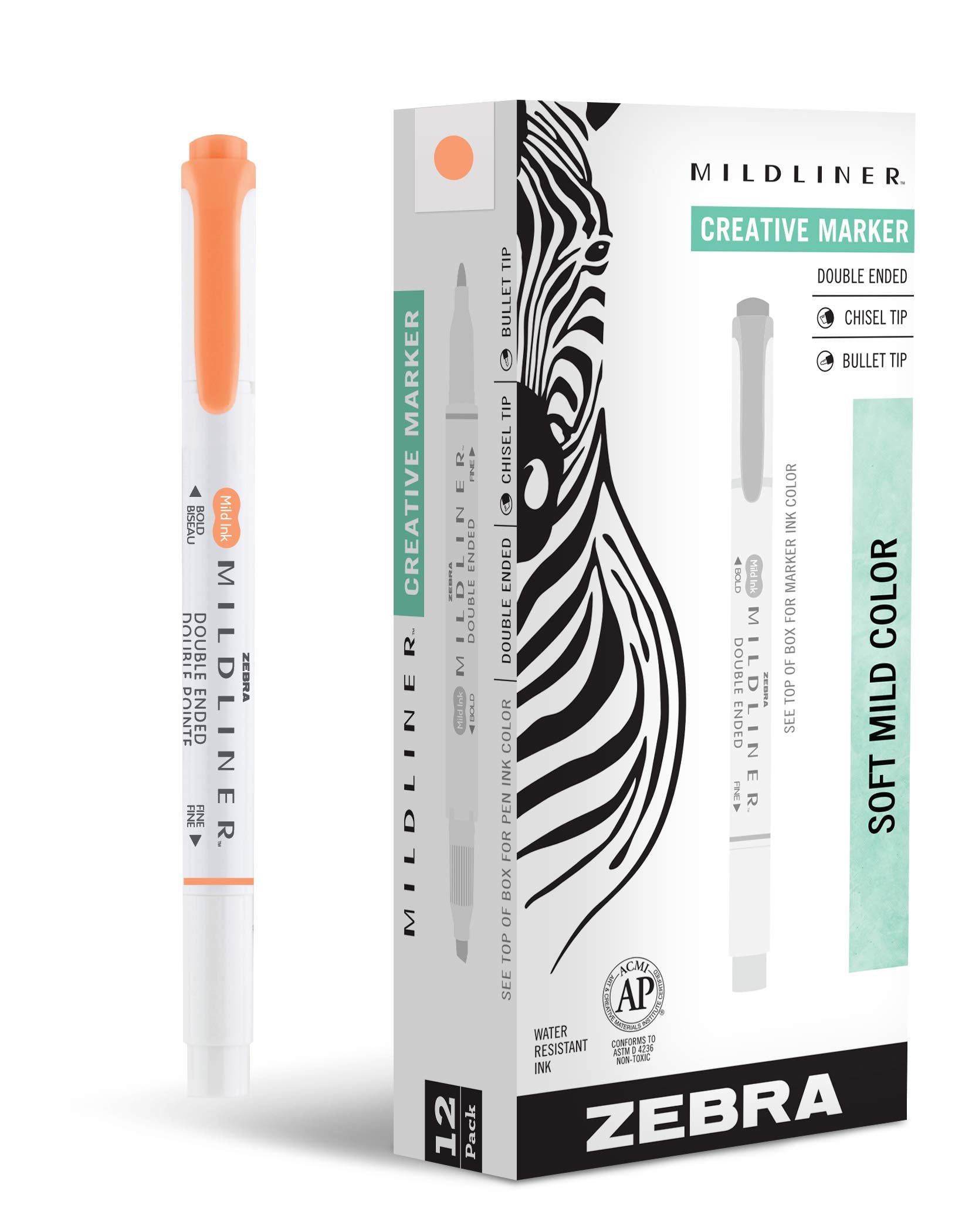 Zebra Pen Mildliner Dual-Tip Highlighters, Broad and Fine Tips, Ideal for Bible Highlighting, No Bleed, School Supplies, Teacher Supplies, and Office Supplies, Mild Apricot Ink, 12-Pack (78590upc)
