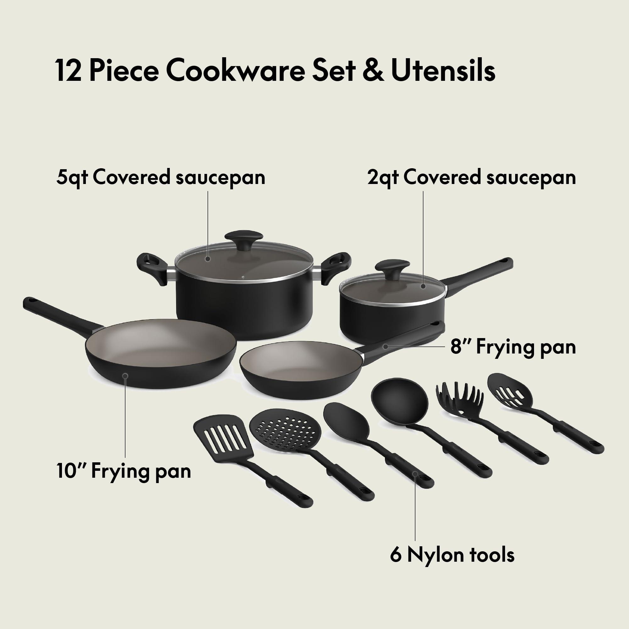 bella 12 Piece Cookware Set with EverGood™ Ceramic Nonstick Coating​, Dishwasher & Oven Safe, All Stovetops Compatible, Tempered Glass Lids and Cool Touch Handles, Black