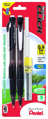 Pentel Twist Erase Click Automatic Pencil with 2 Eraser Refills and Lead, 0.9 mm, Assorted Barrels, Color May Vary, 2 Pack (PD279TLEBP2)