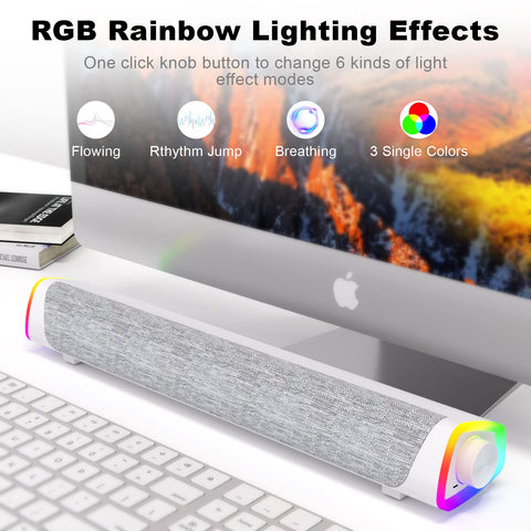 SOULION R30 Plus Bluetooth Computer Speakers, All-in-One Control Button with 6 Modes LED Lights PC Speaker, Wired USB Powered Surround Soundbar for Desktop Monitor Laptop White