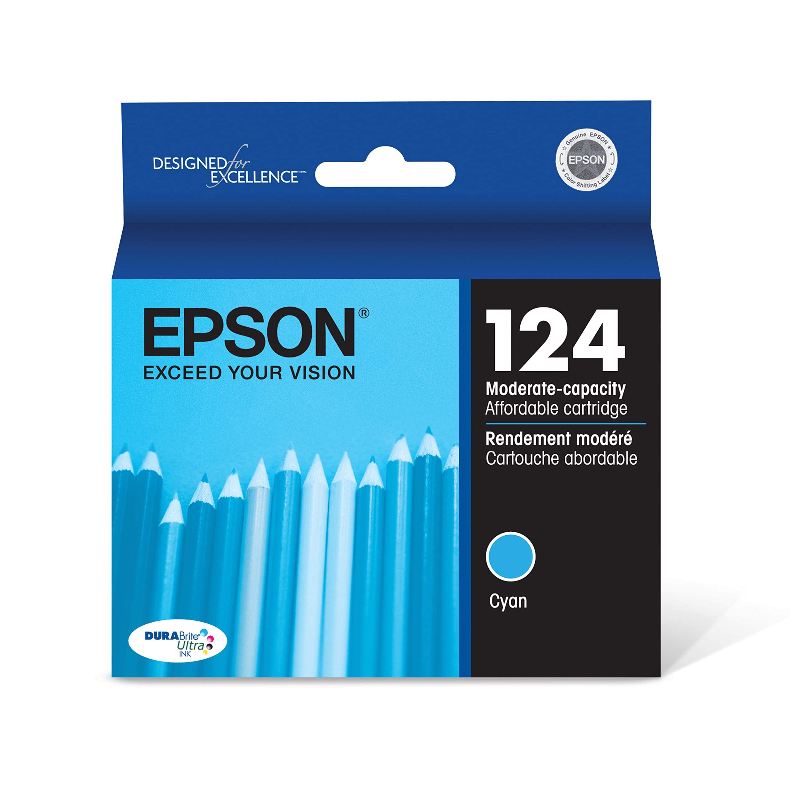 Epson 124 DURABrite Ultra Ink Standard Capacity Cyan Cartridge (T124220-S) Works with Stylus NX-125, 127, 130, 230, 330, 420, 430, Workforce WF-320, 323, 325, 435