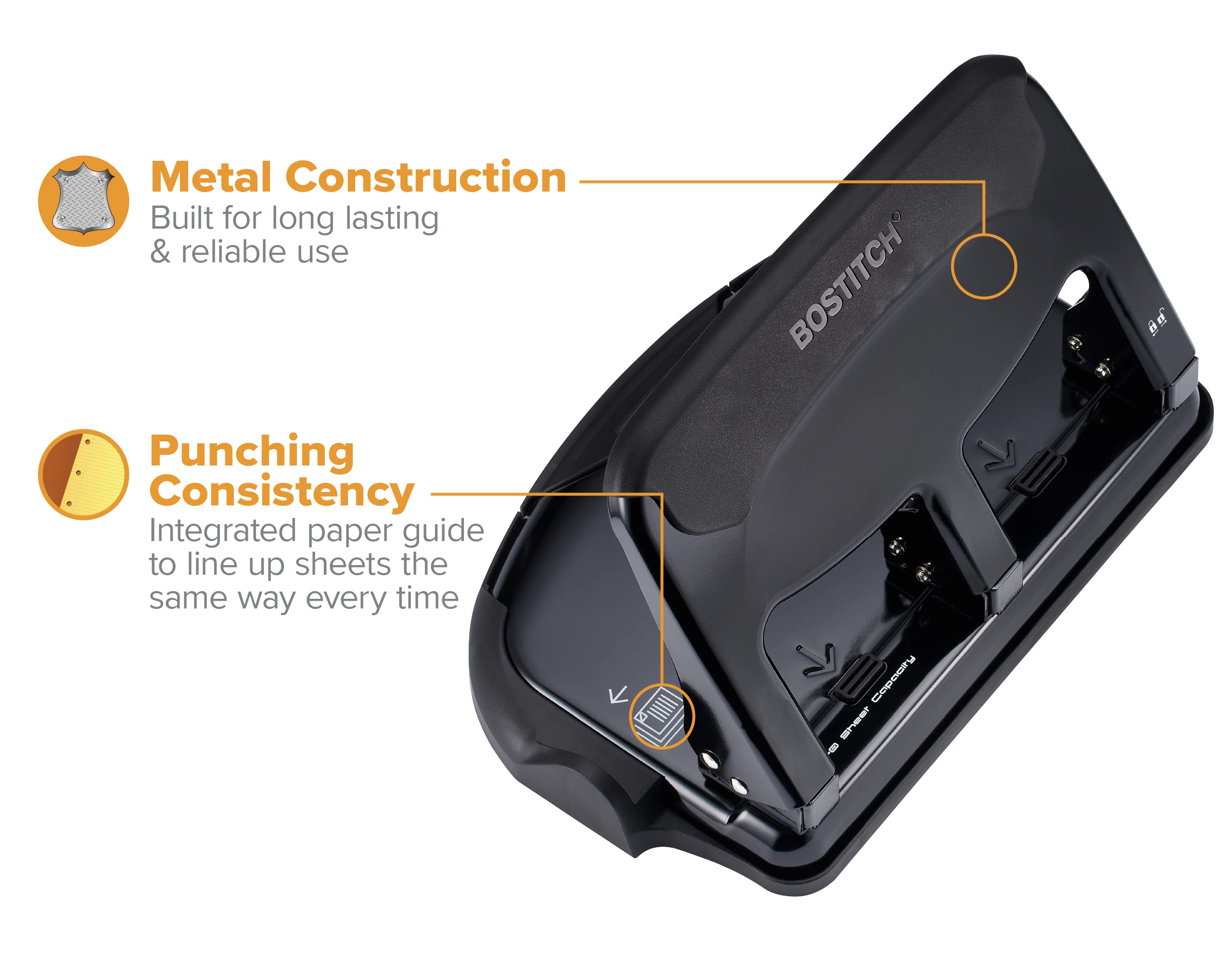 Bostitch Office EZ Squeeze Heavy Duty 3-Hole Punch for Home Office & School, 40-Sheet Capacity, One-Touch Reduced Force, Sleek Black Design