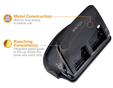 Bostitch Office EZ Squeeze Heavy Duty 3-Hole Punch for Home Office & School, 40-Sheet Capacity, One-Touch Reduced Force, Sleek Black Design
