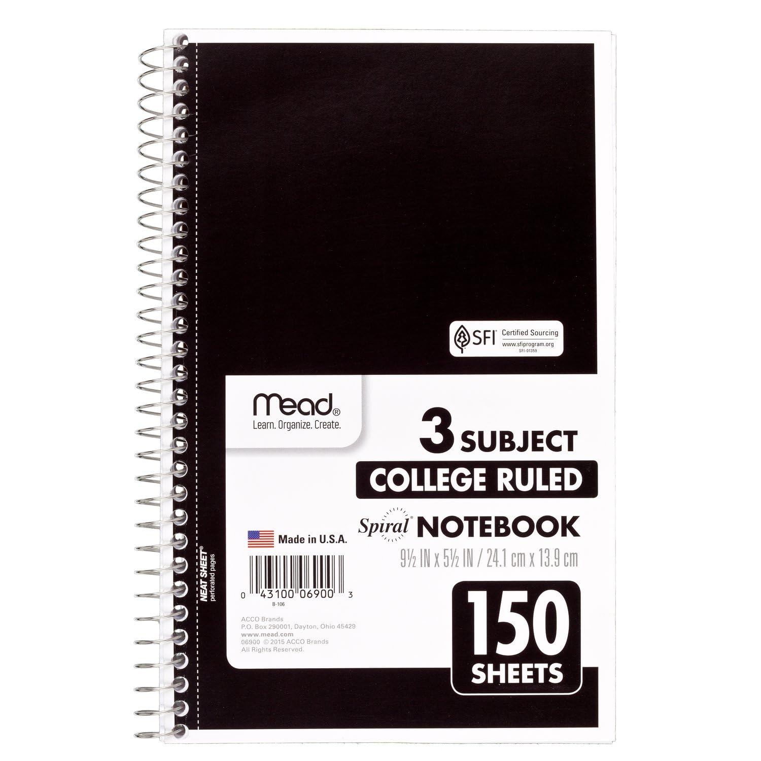 Mead Small Spiral Notebook, 3-Subject, College Ruled Paper, 9-1/2" x 5-1/2", 150 Sheets per Notebook, Color Will Vary, 1 Count (06900)