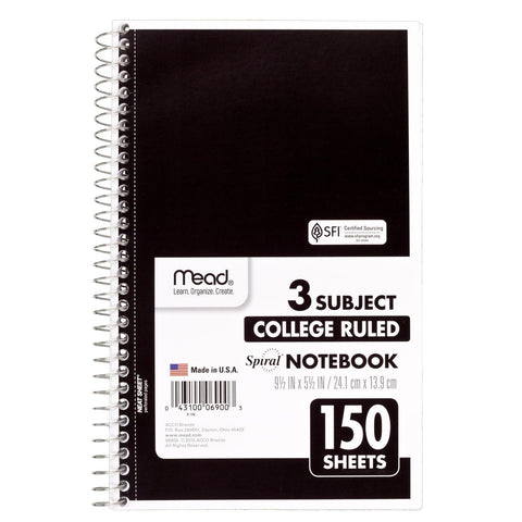 Mead Small Spiral Notebook, 3-Subject, College Ruled Paper, 9-1/2" x 5-1/2", 150 Sheets per Notebook, Color Will Vary, 1 Count (06900)