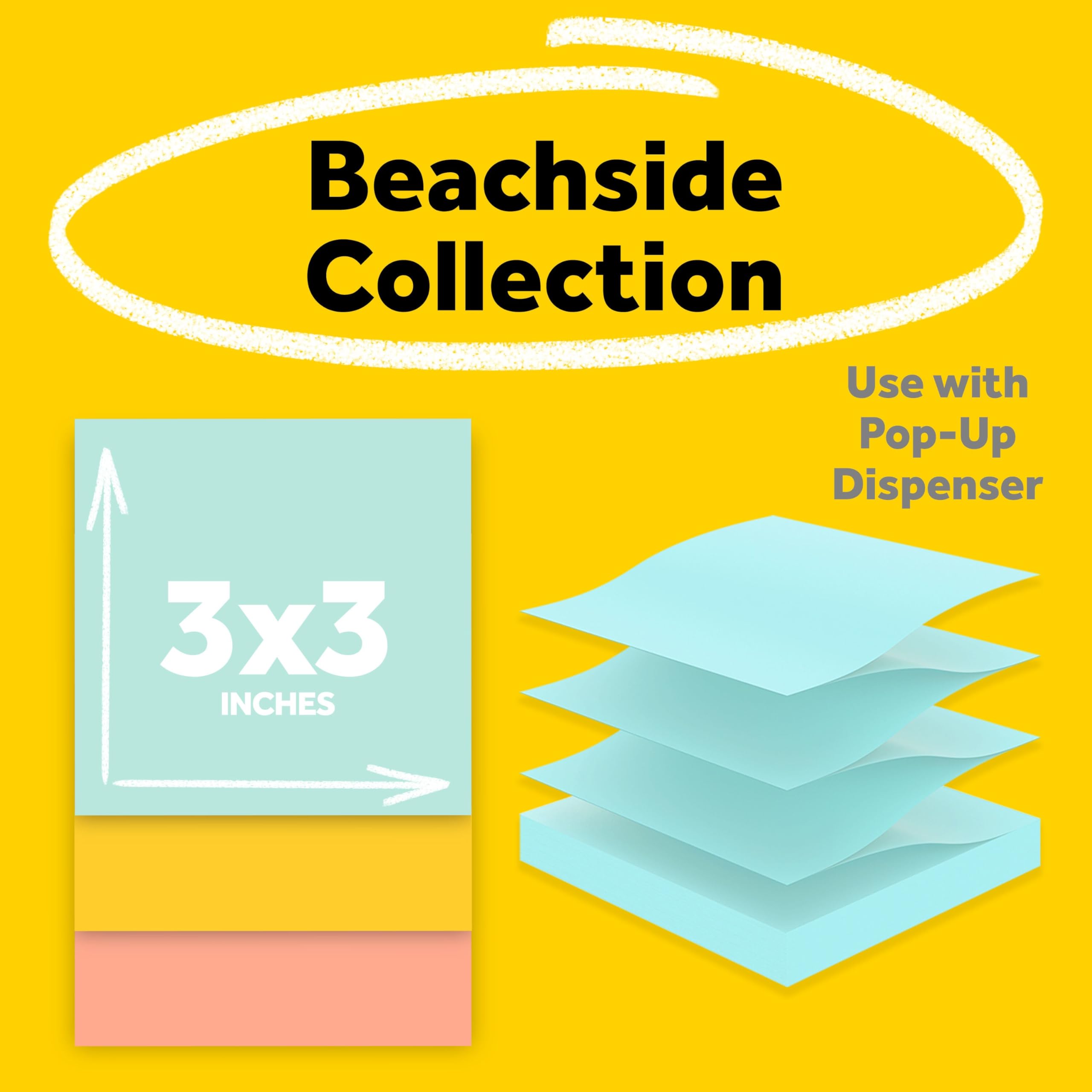 Post-it Pop-up Notes, 6 Sticky Note Pads, 3 x 3 in., School Supplies, Office Products, Accordion Sticky Notes Work with Pop-Up Note Dispenser, Beachside Café Collection