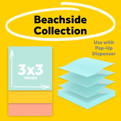 Post-it Pop-up Notes, 6 Sticky Note Pads, 3 x 3 in., School Supplies, Office Products, Accordion Sticky Notes Work with Pop-Up Note Dispenser, Beachside Café Collection