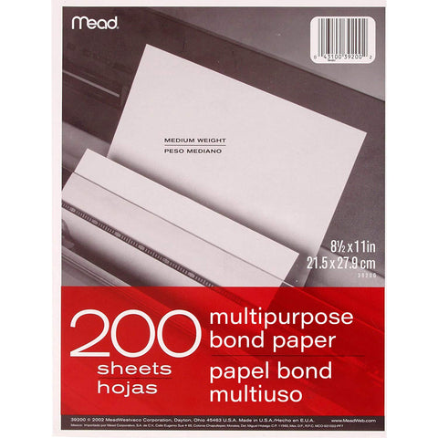 Mead Multipurpose Paper, 8-1/2" x 11", Letter Size, Bond, White, 200 Sheets/Pack (39200)