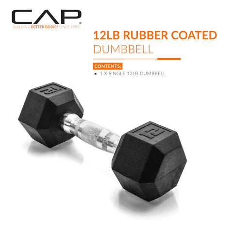CAP Barbell 12 LB Rubber Coated Hex Dumbbell Hand Weight - Single | Chrome Handle