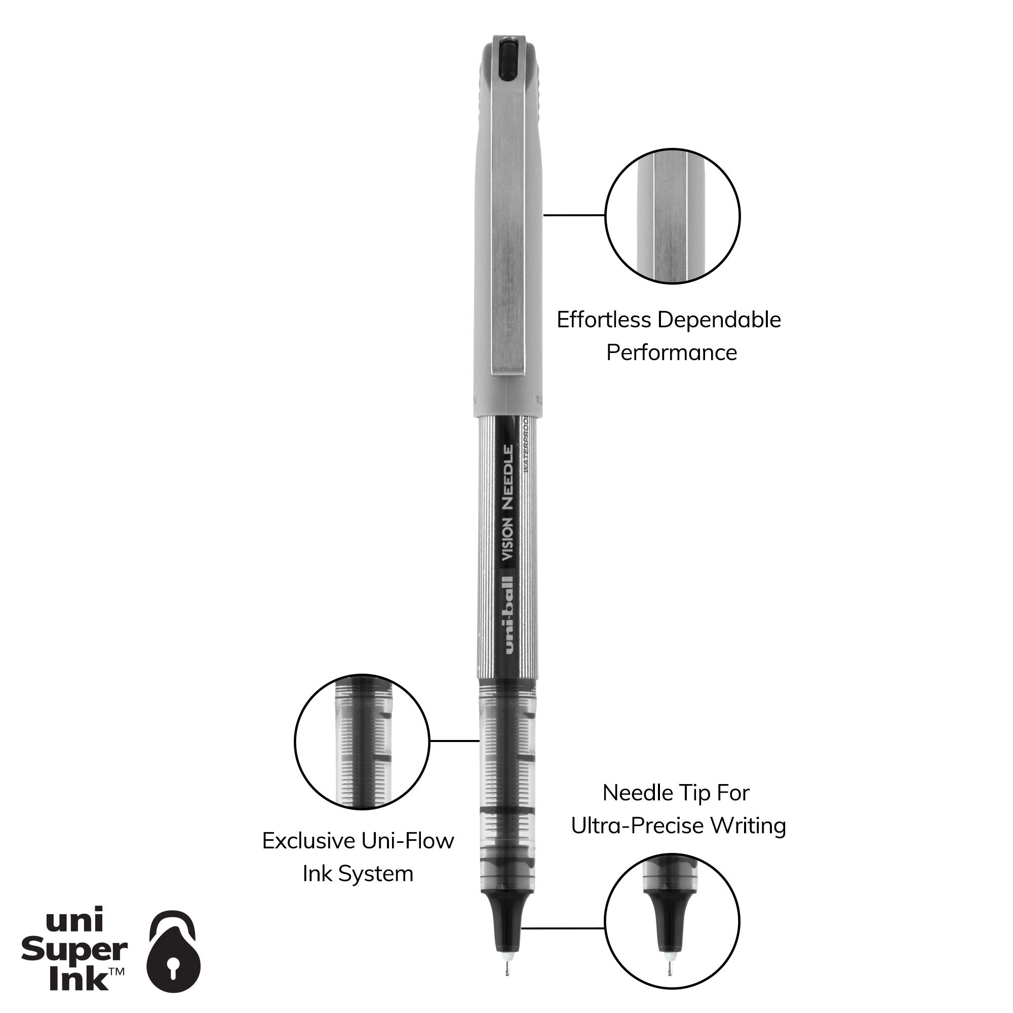 uniball Vision Needle Rollerball Pens, Fine Point (0.7mm), Black, 5 Pack