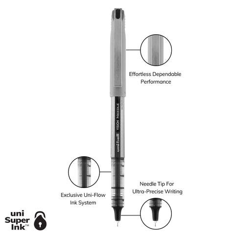 uniball Vision Needle Rollerball Pens, Fine Point (0.7mm), Black, 5 Pack