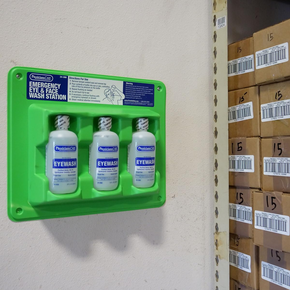 PhysiciansCare Wall-Mountable Eyewash Station with 3 Screw-Cap Bottles of Eye Wash Solution, 8 oz Each