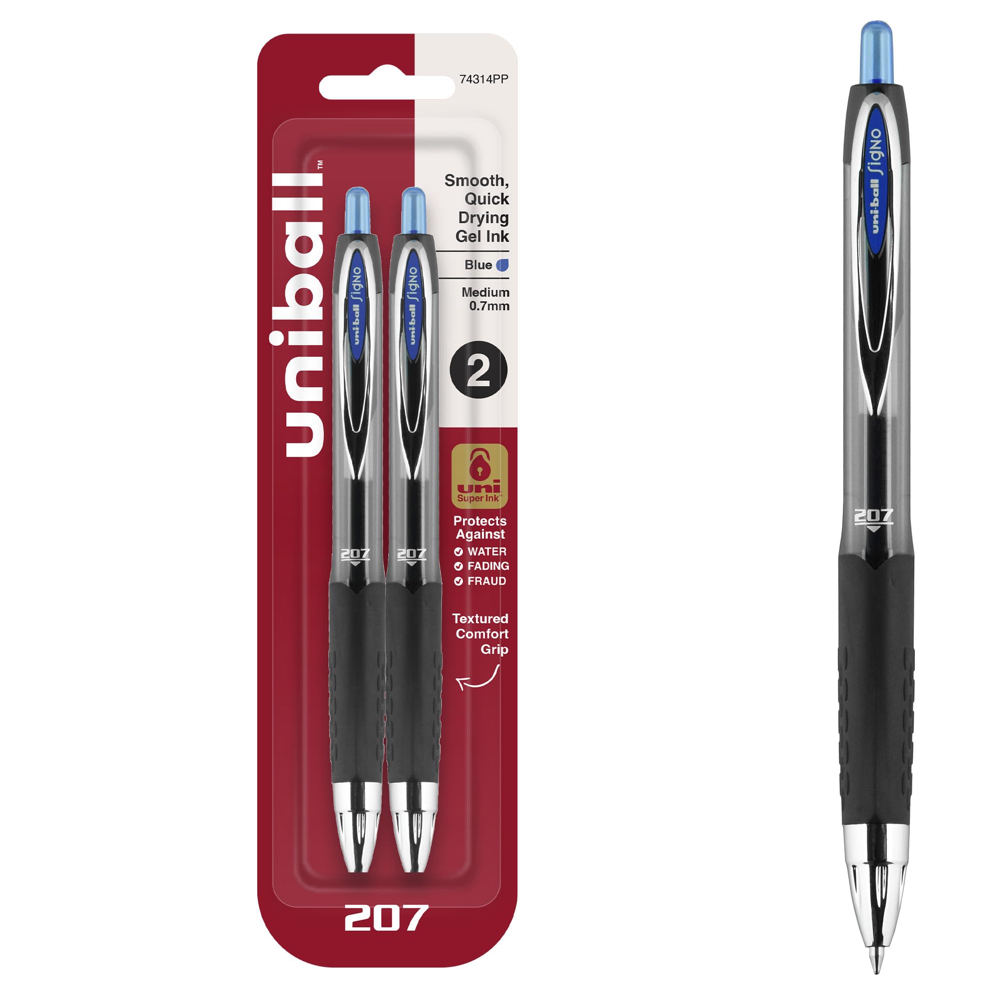 Uniball Signo 207 Gel Pens, 0.7mm Medium Blue, 2 Pack, Archival-Quality Ink, Quick-Drying, Water-Resistant, Stainless Steel Tip