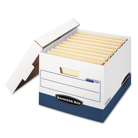 Bankers Box 12 Pack STOR/File End Tab Heavy-Duty File Storage Boxes, FastFold, Lift-Off Lid, White/Blue