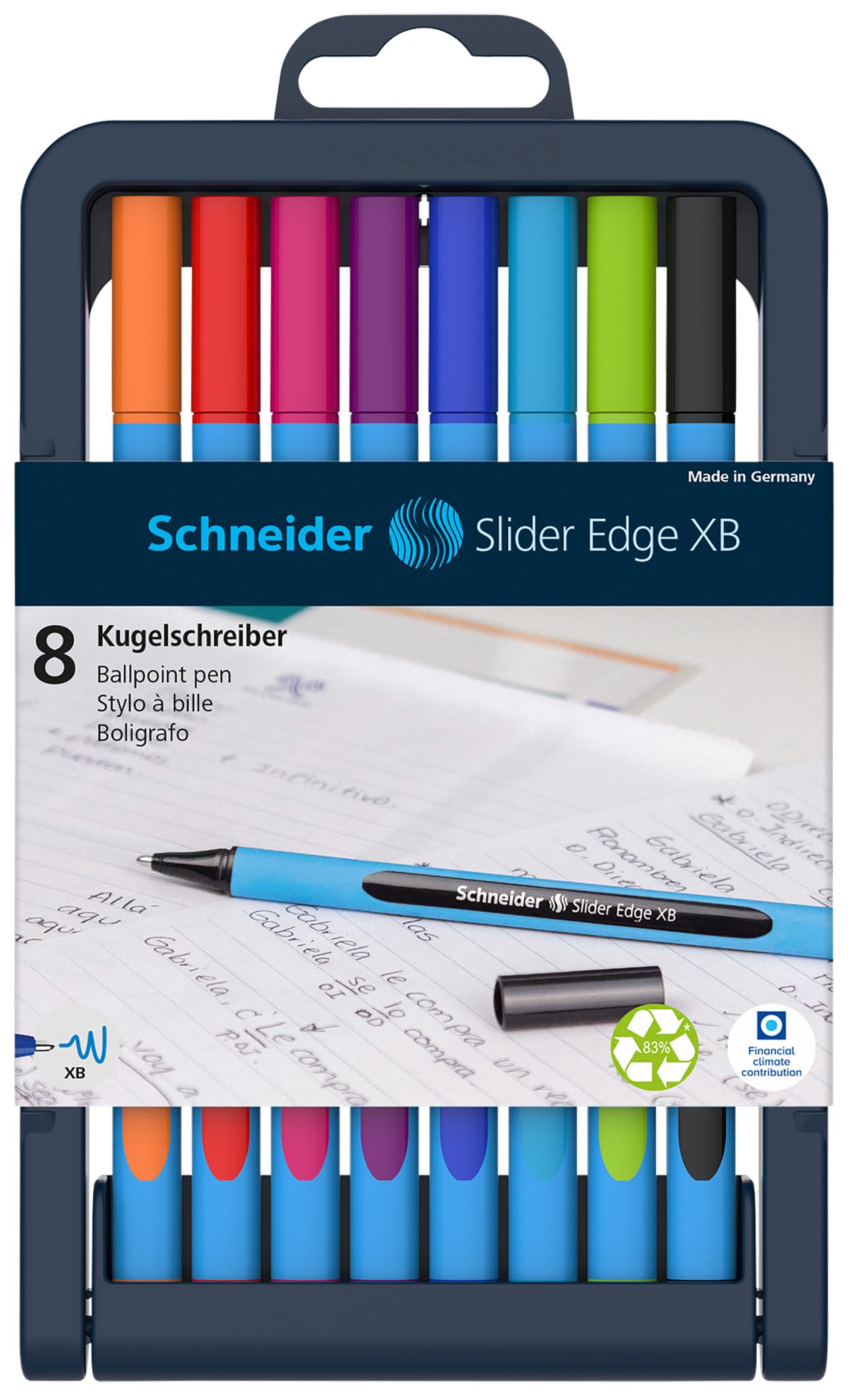 Schneider Slider Edge XB (Extra Broad) Ballpoint Pen, 1.4 mm, Light Blue Barrel, Assorted Ink Colors, Adjustable Case Stand of 8 Pens (152279)