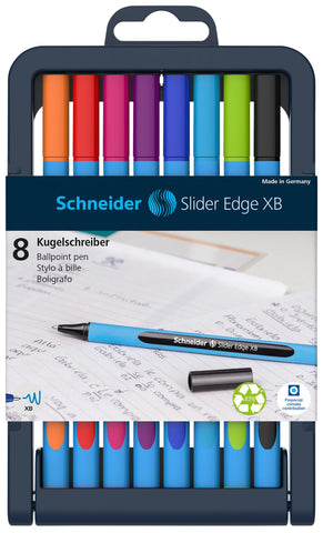 Schneider Slider Edge XB (Extra Broad) Ballpoint Pen, 1.4 mm, Light Blue Barrel, Assorted Ink Colors, Adjustable Case Stand of 8 Pens (152279)