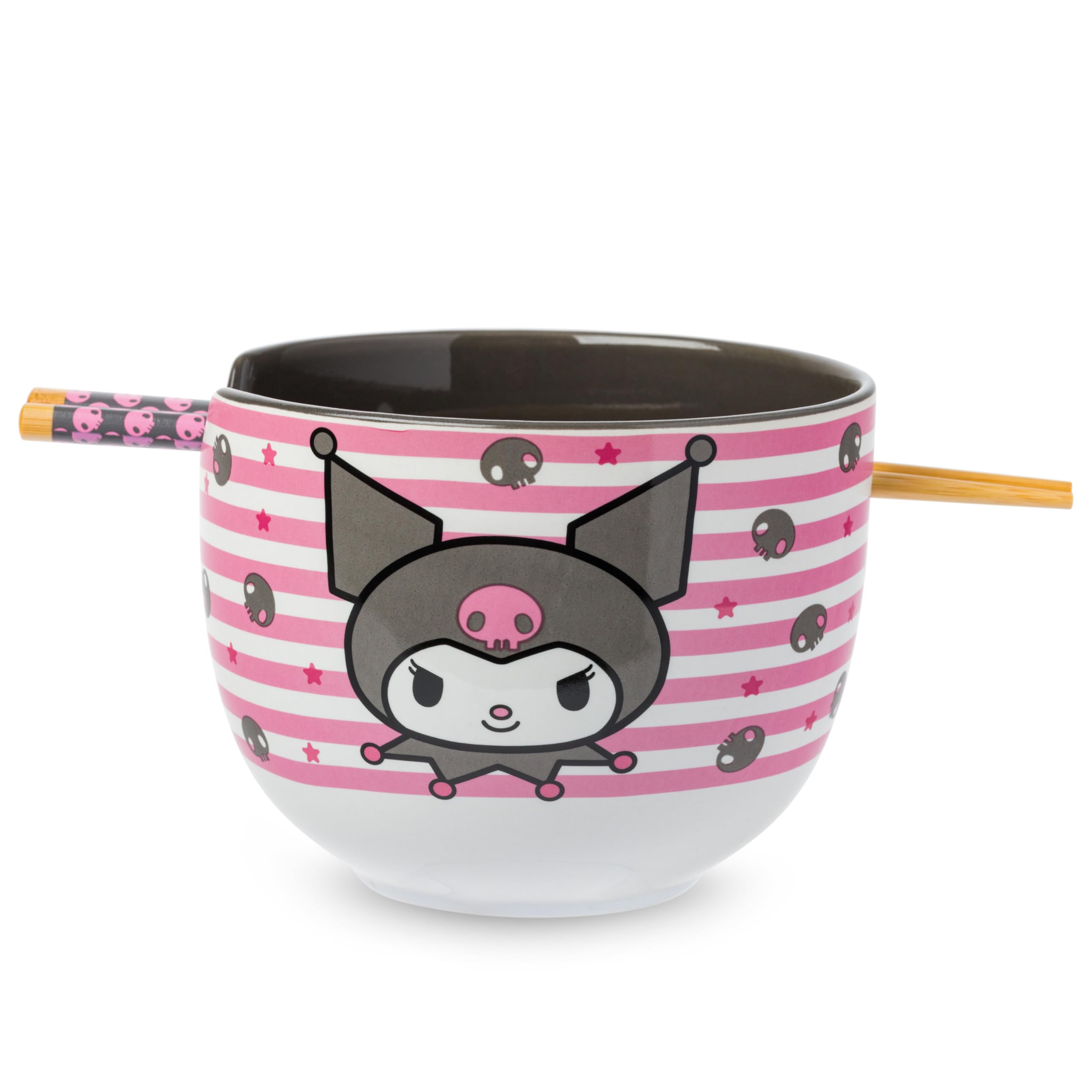 Silver Buffalo Hello Kitty and Friends Kuromi Skulls and Stars Ceramic Ramen Noodle Rice Bowl with Chopsticks, Microwave Safe, 20 Ounces