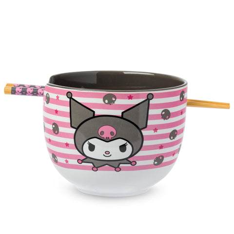 Silver Buffalo Hello Kitty and Friends Kuromi Skulls and Stars Ceramic Ramen Noodle Rice Bowl with Chopsticks, Microwave Safe, 20 Ounces