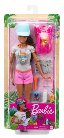 Barbie Self-Care Doll, Brunette Posable Hiking Doll with Puppy & Accessories Including Backpack Pet Carrier & Camera