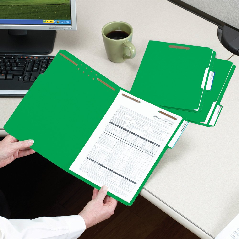 Smead 100% Recycled Fastener File Folder, 2 Fasteners, Reinforced 1/3-Cut Tab, Letter Size, Green, 50 per Box (12141)
