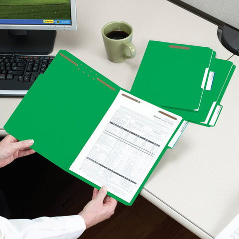 Smead 100% Recycled Fastener File Folder, 2 Fasteners, Reinforced 1/3-Cut Tab, Letter Size, Green, 50 per Box (12141)