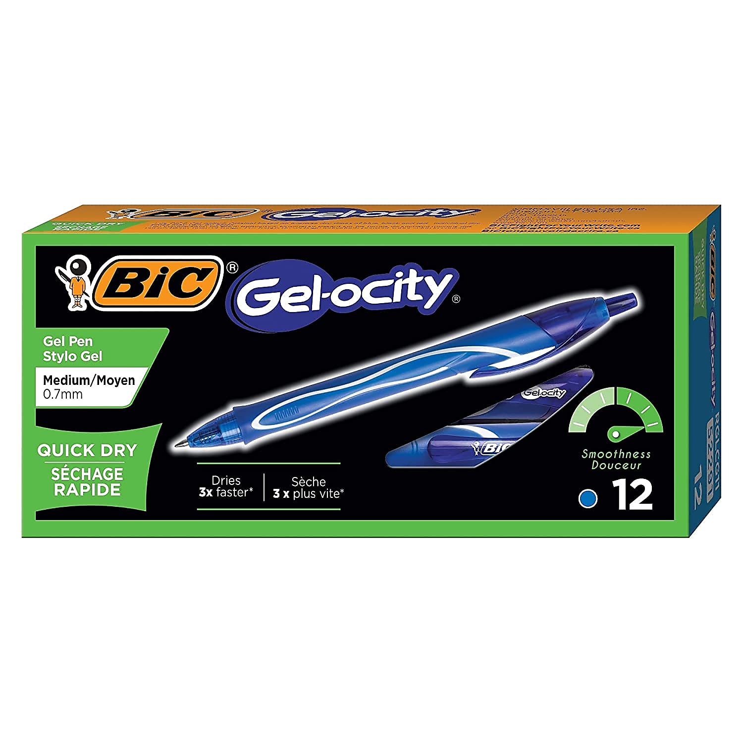 BIC RGLCG11BE Gel-ocity Quick Dry Retractable Gel, Blue Ink, Medium, 1 Dozen