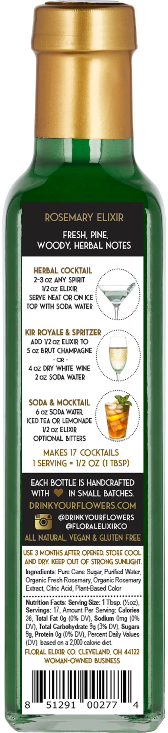 Floral Elixir Co. - All Natural HERB Syrup for Cocktails & Sodas, 8.5 oz (Rosemary)