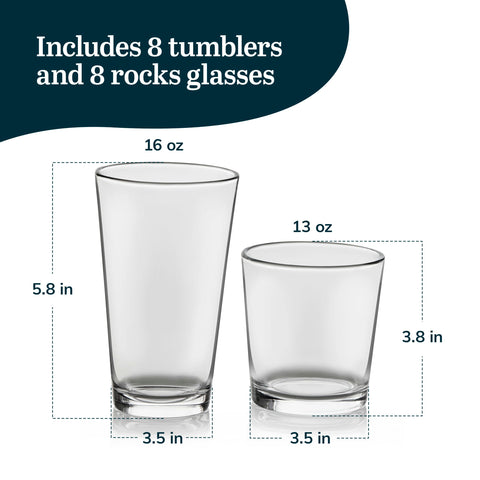 Libbey Flare Rocks, Glass Tumbler Set, Stylish Lead-Free Drinking Glasses Set of 16, Dishwasher-Safe Glass Cups Set for Daily Use and Parties