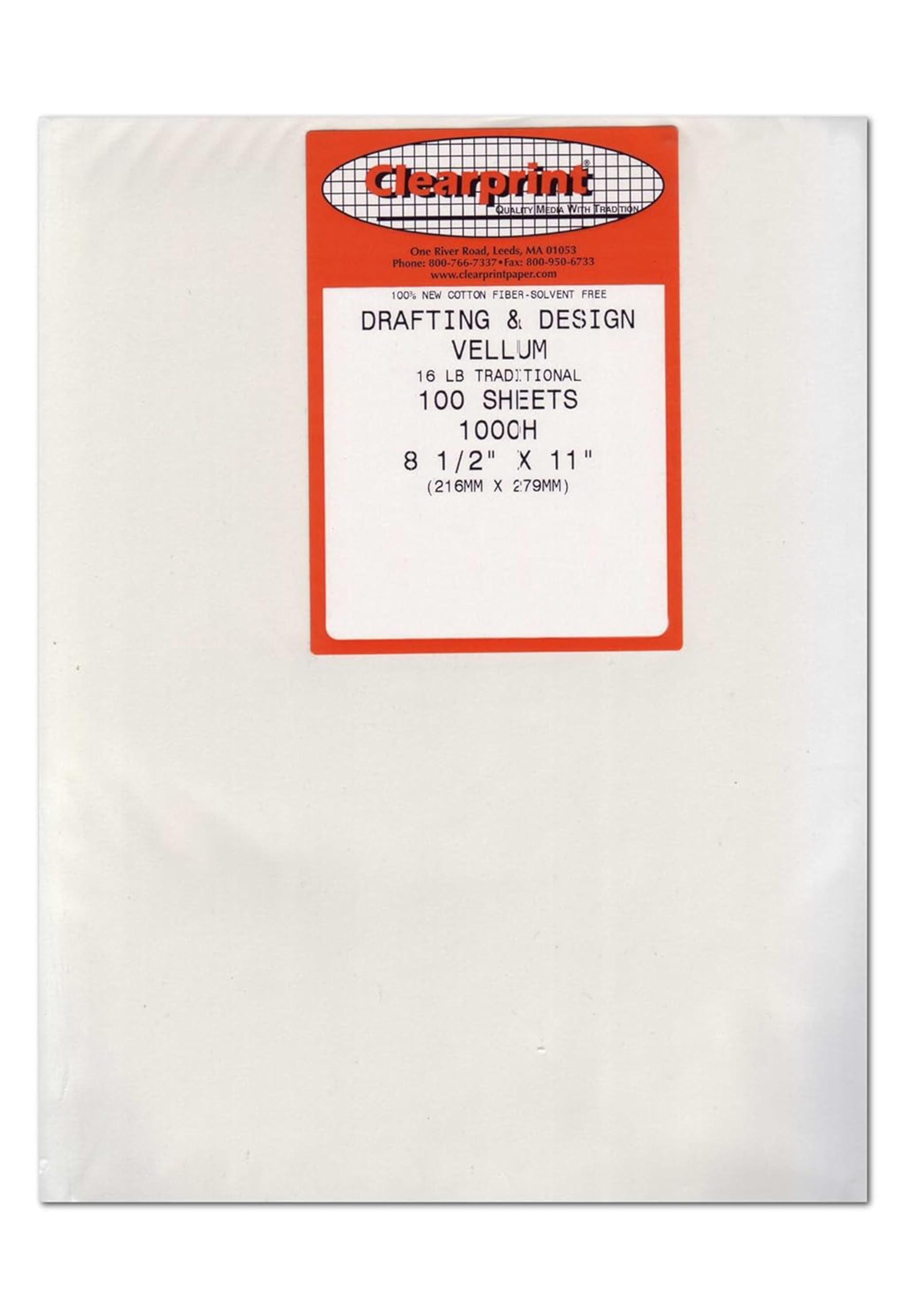 Clearprint 8.5" x 11" 1000H Design Vellum Sheets, 16 lb., 100% Cotton, 10 Sheets Per Pack, 1 Each