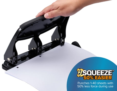 Bostitch Office EZ Squeeze Heavy Duty 3-Hole Punch for Home Office & School, 40-Sheet Capacity, One-Touch Reduced Force, Sleek Black Design