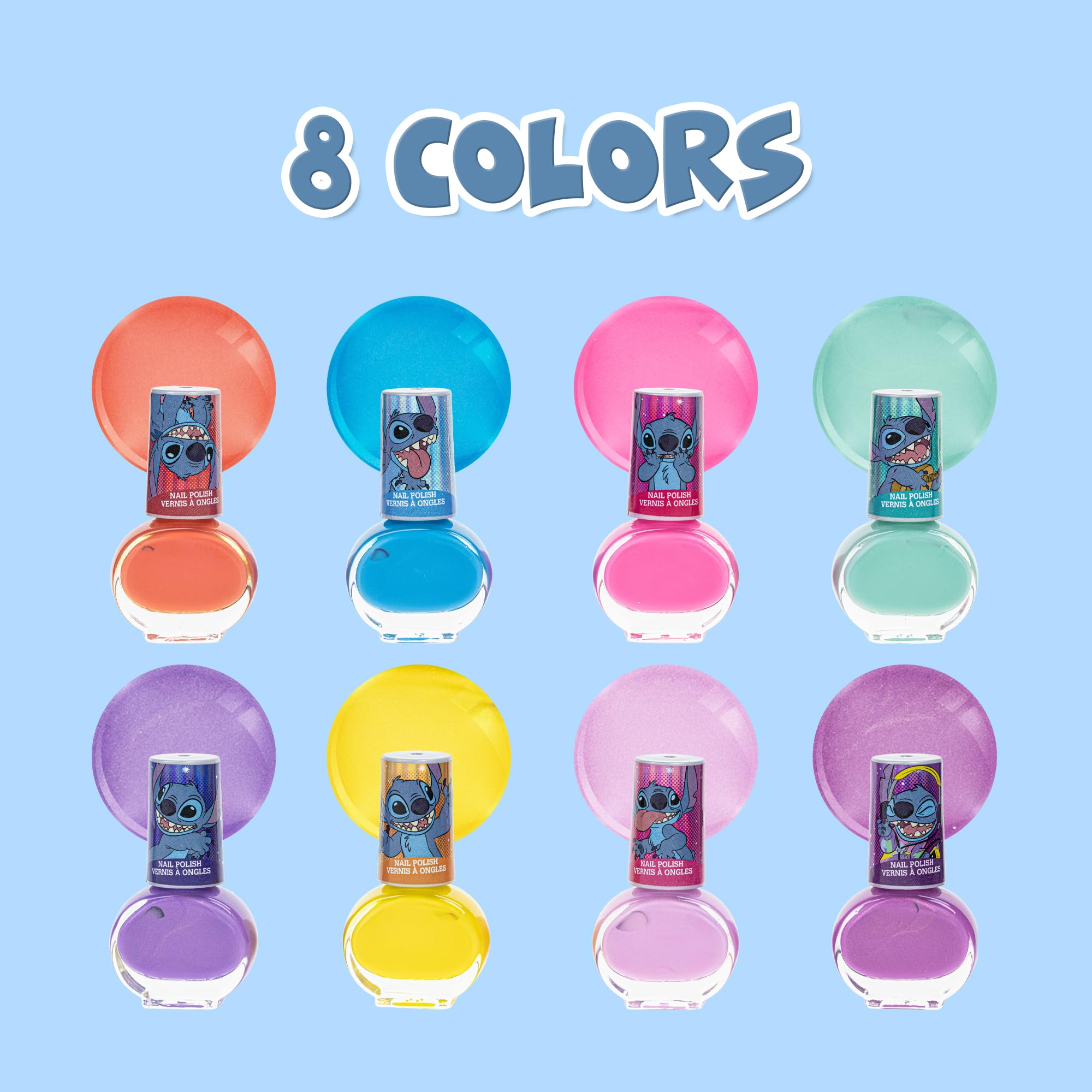 Disney Stitch Non-Toxic Peel-Off Water-Based Safe Quick Dry Nail Polish |Gift Kit Set for Kids Tweens Girls, Shimmer and Opaque Colors| Ages 3+ (8 Pcs)