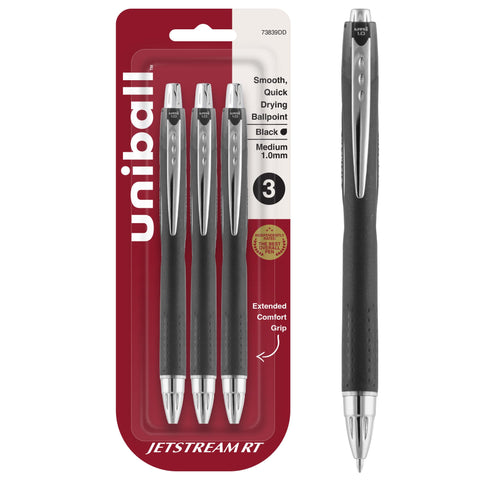 uniball Jetstream RT Retractable Ballpoint Pen, Medium Point (1.0mm), Black, 3 Pack