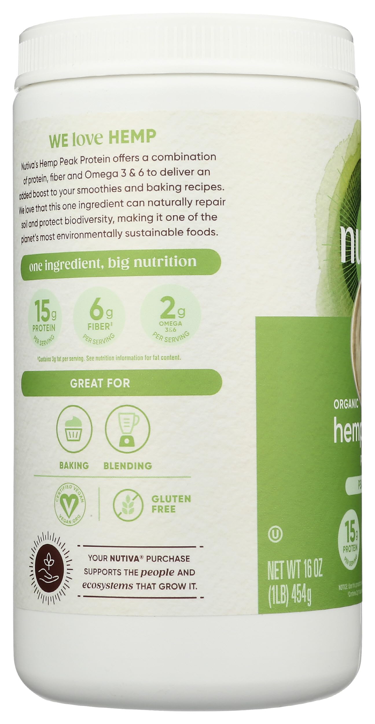 Nutiva Organic Cold-Pressed Raw Hemp Seed Protein Powder, Peak Protein, 16 Ounce, USDA Organic, Non-GMO, Whole 30 Approved, Vegan, Gluten-Free & Keto, Plant Protein with Essential Amino Acids