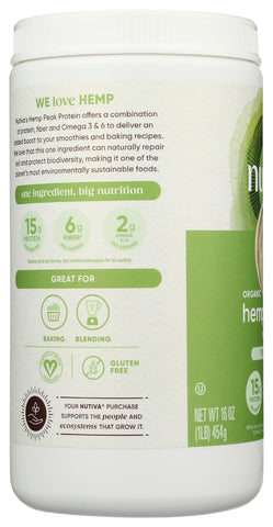 Nutiva Organic Cold-Pressed Raw Hemp Seed Protein Powder, Peak Protein, 16 Ounce, USDA Organic, Non-GMO, Whole 30 Approved, Vegan, Gluten-Free & Keto, Plant Protein with Essential Amino Acids