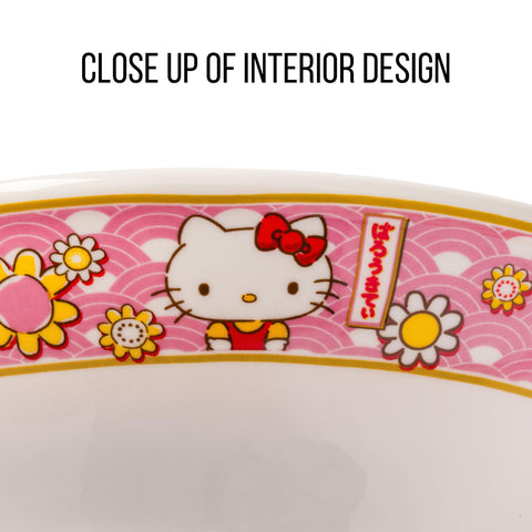 Silver Buffalo Sanrio Hello Kitty Pink and Gold Japanese Pattern with Flowers Ceramic Ramen Noodle Rice Bowl with Chopsticks, Microwave Safe, 30 Ounces