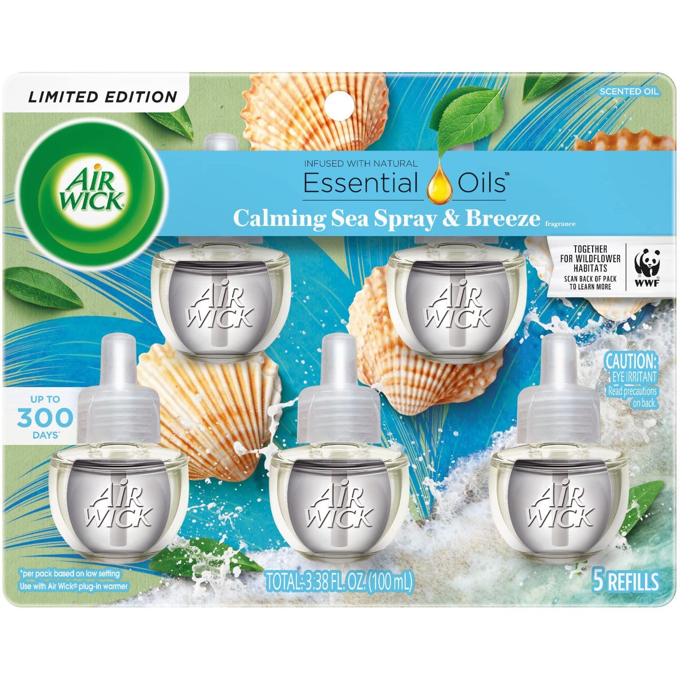 Air Wick Plug In Scented Oil Refill, Infused with Essential Oils, Plug In Air Fresheners for Home, Calming Sea Spray & Breeze, 5 ct