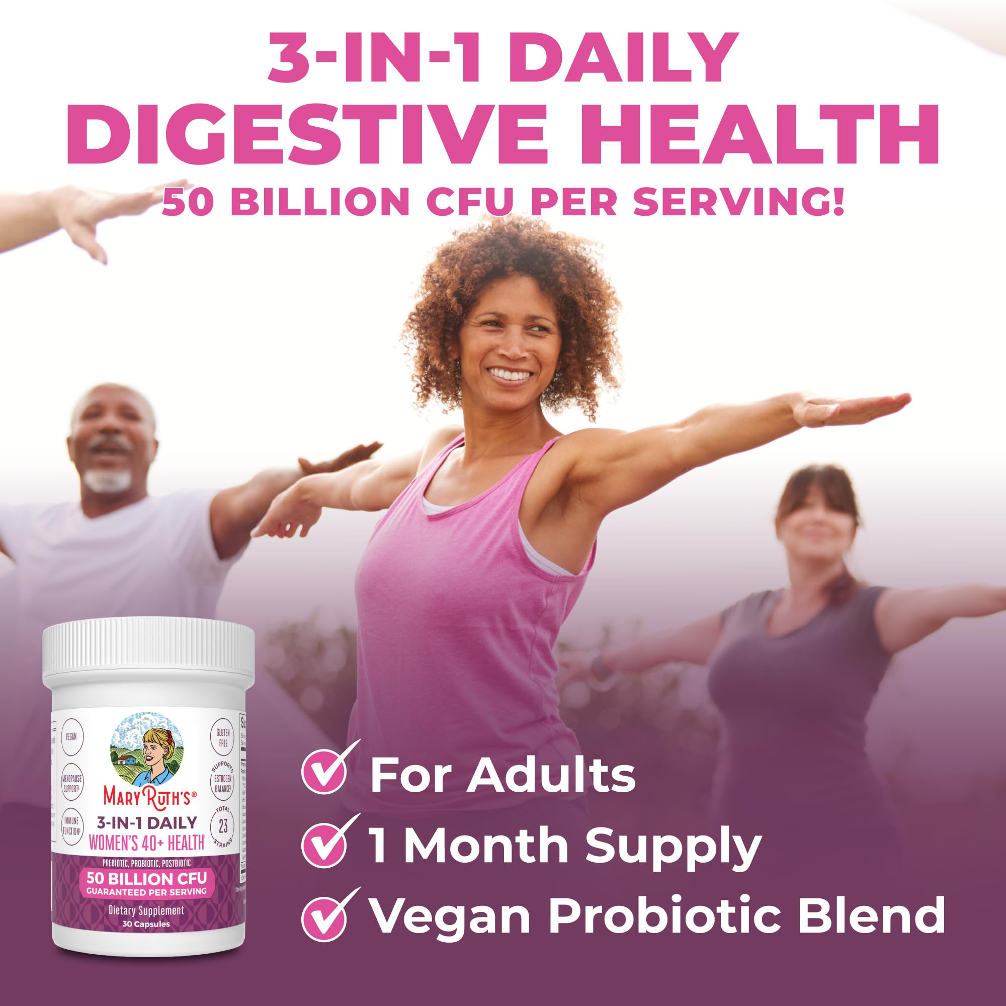 MaryRuth's 3-in-1 Daily Health 40+ Probiotics for Women | Hormonal & Menopause Support Supplement for Women | Gut Health Capsules | 50 Billion CFU | Allergen Free | 30 Ct