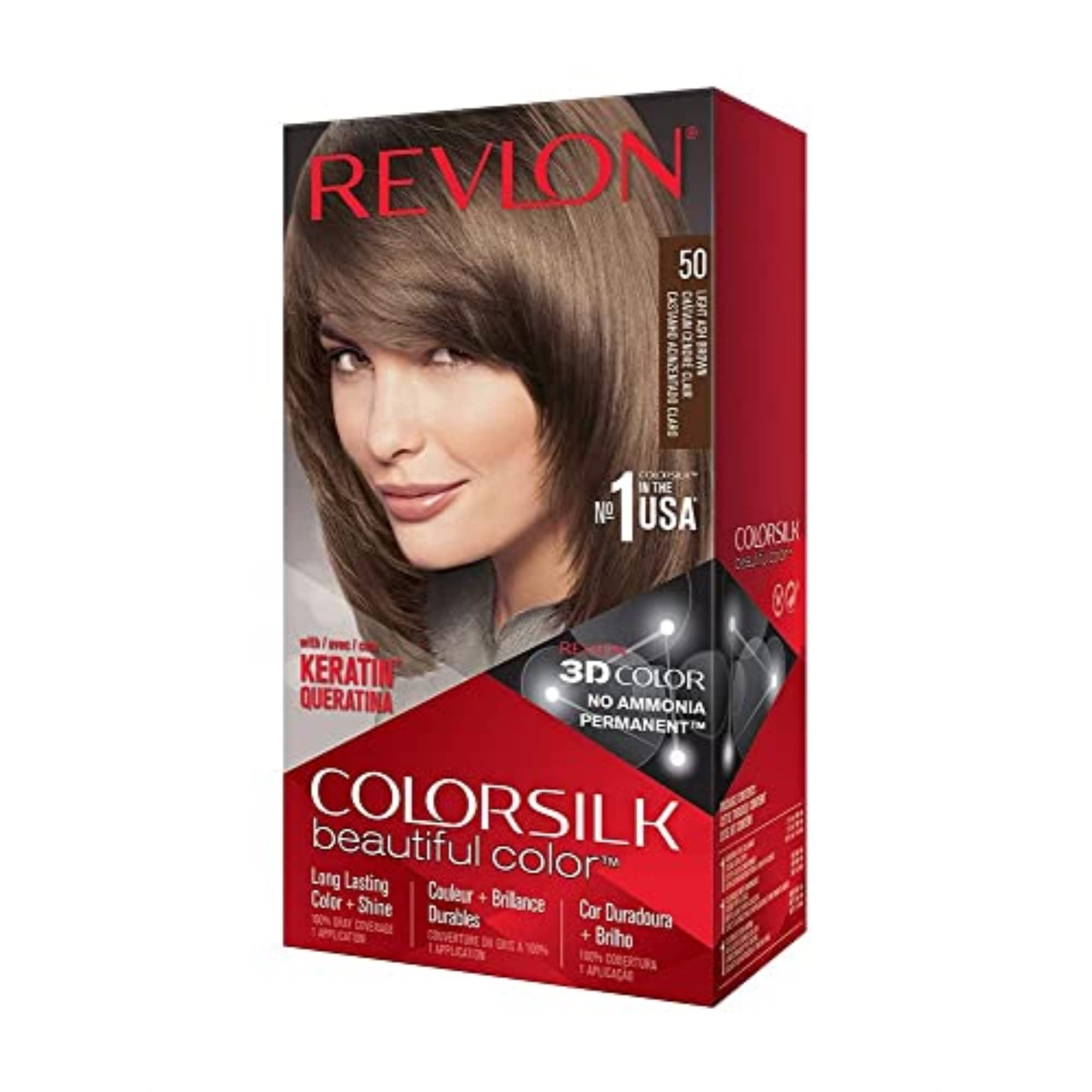 Revlon Permanent Hair Color, Permanent Hair Dye, Colorsilk with 100% Gray Coverage, Ammonia-Free, Keratin and Amino Acids, 50 Light Ash Brown, 4.4 Oz (Pack of 1)