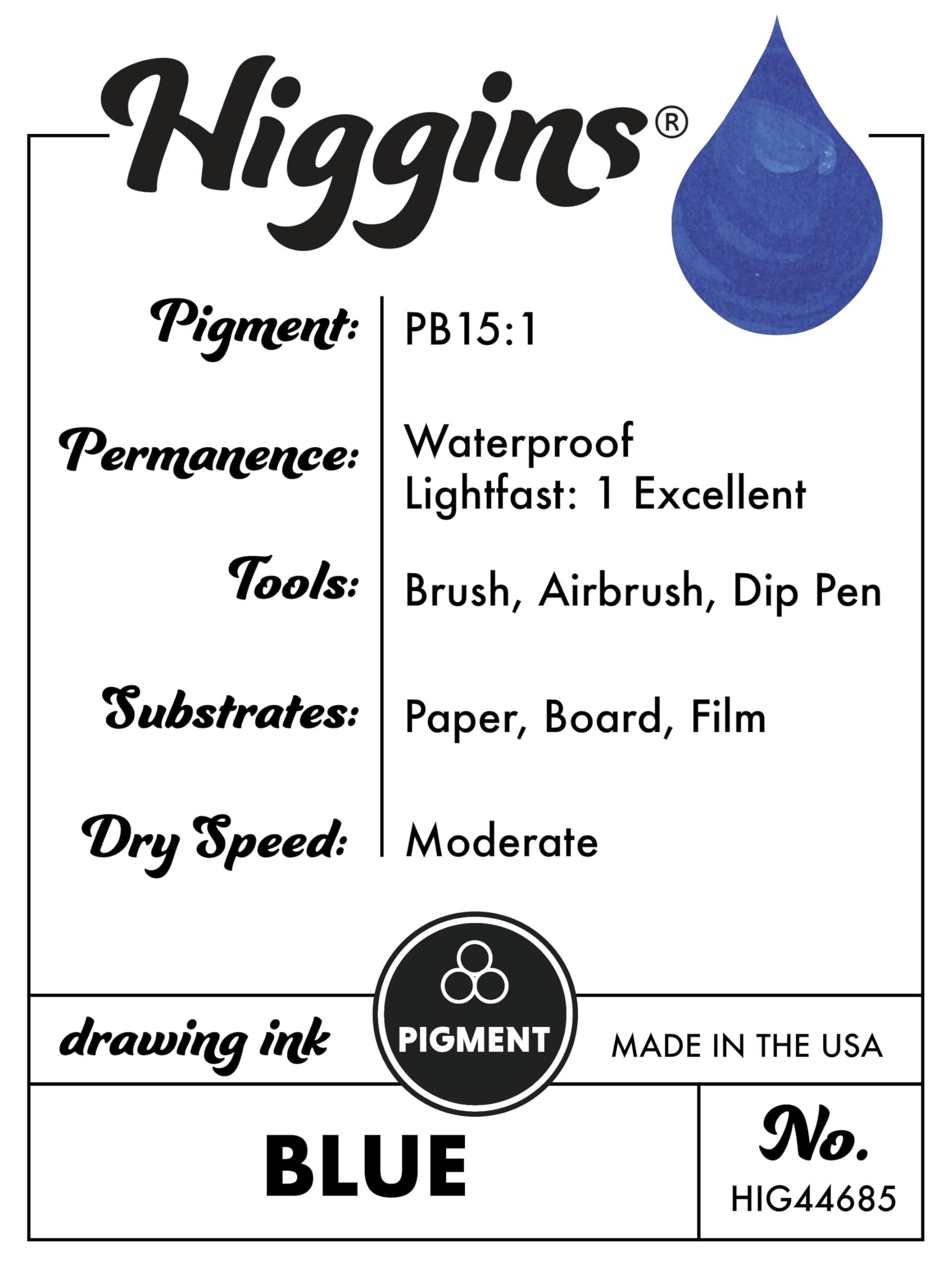 Higgins Blue Pigmented Drawing Ink - for Artists and Students - 1 oz. Glass Bottle (HIG44685)