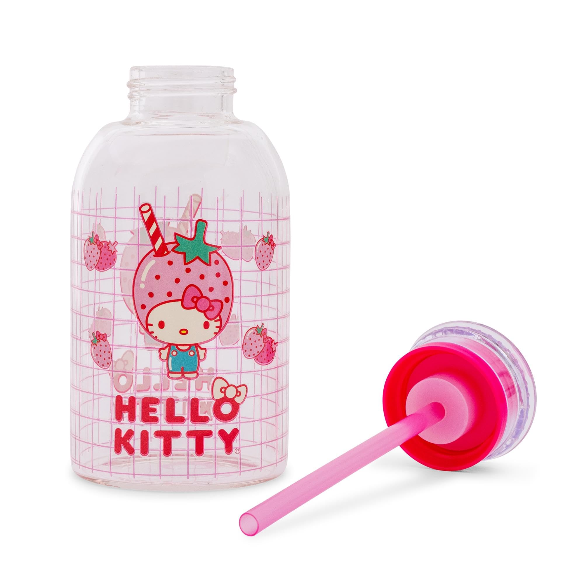 Silver Buffalo Sanrio Hello Kitty Strawberry Milk Grid Glass Milk Bottle with Straw, 15 Ounces