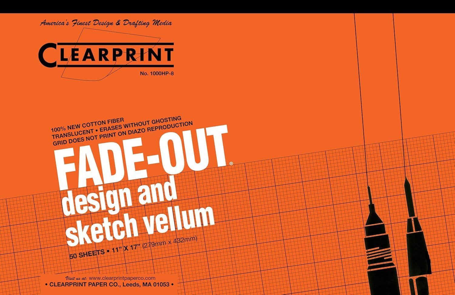 Clearprint 11" x 17" 1000H Design Vellum Pad with Printed Fade-Out 8x8 Grid, 16 lb., 100% Cotton, 50 Sheets, 1 Each