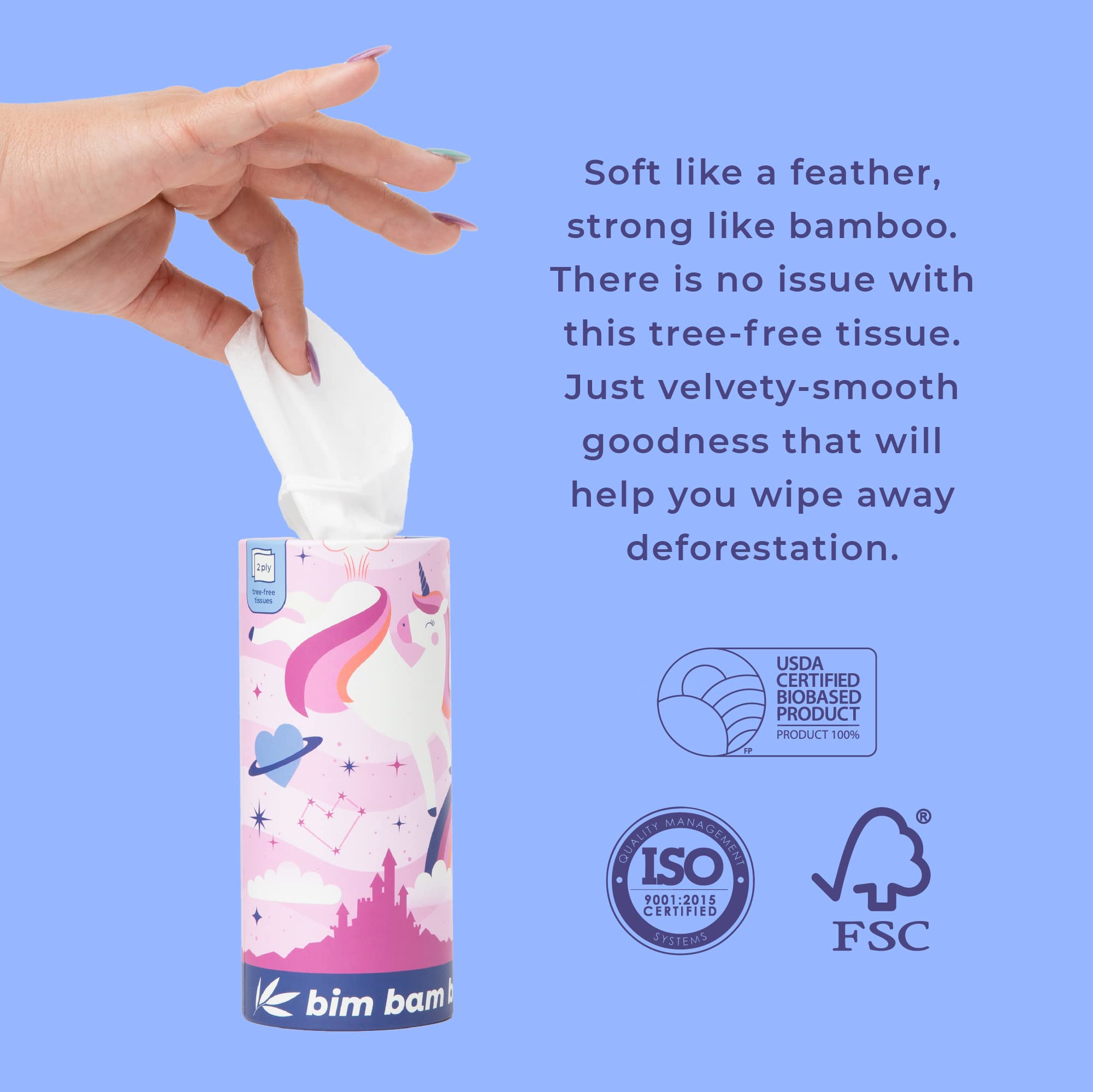 Bim Bam Boo 100% Bamboo Facial Tissue Tube, 3-ply Hypoallergenic Travel Tissues in Car Tissue Holder, 1 Eco-Friendly Cylinder Tissue Tube